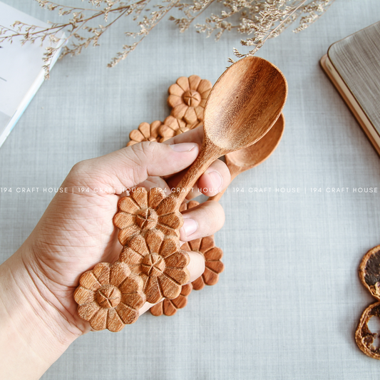 Handcarved Flowers Handle Wooden Spoon
