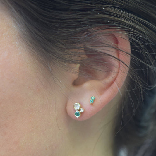 Emerald, Rainbow Moonstone & Diamond Solid Gold Studs