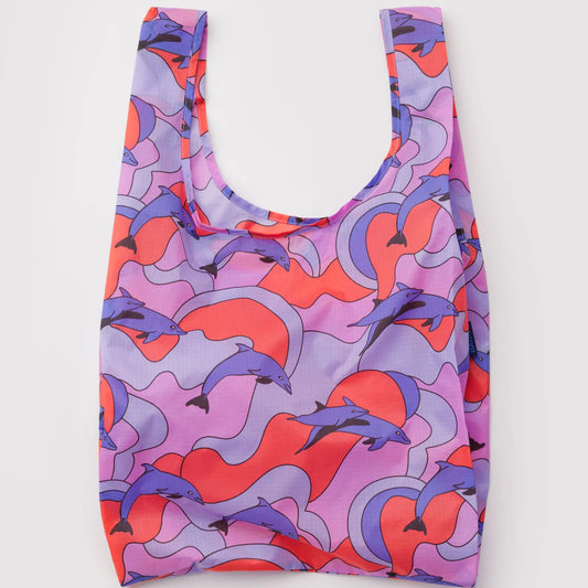 Reusable bag with dolphin pattern on a white background