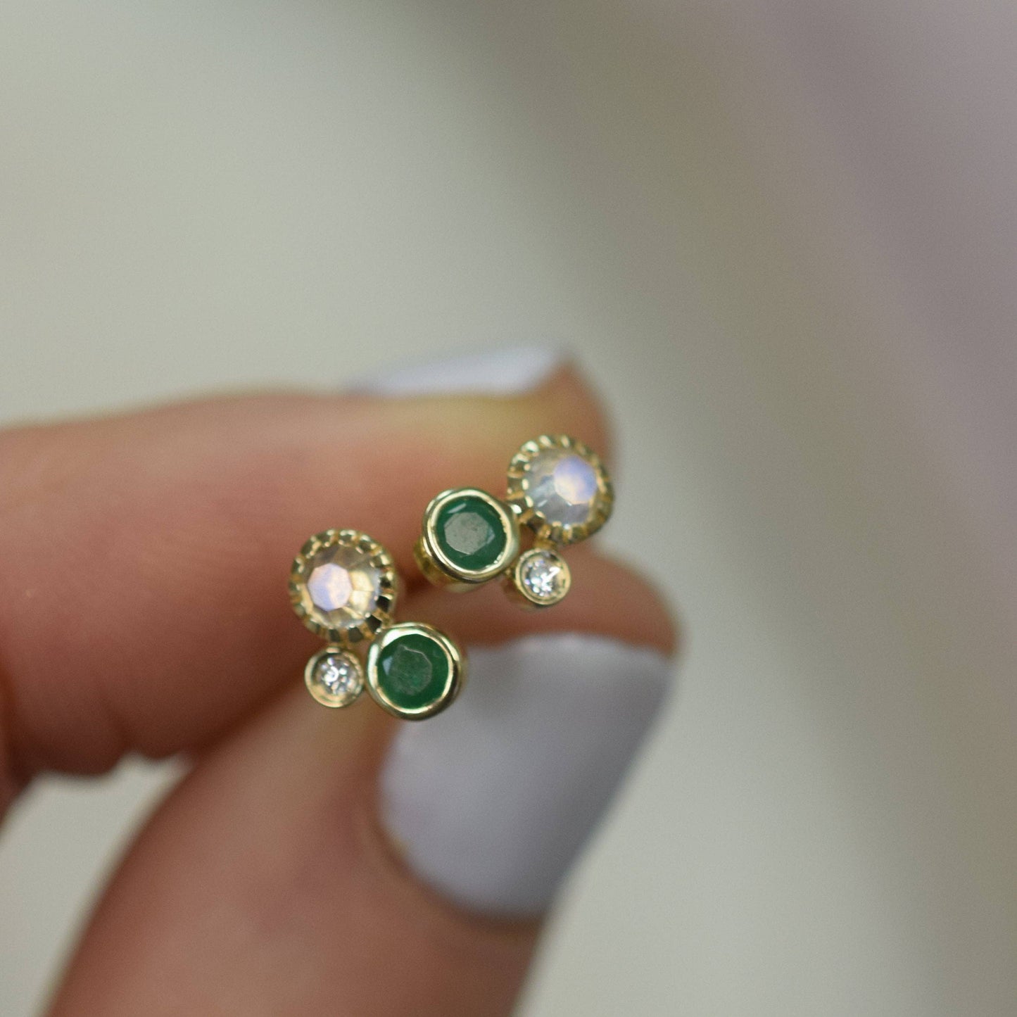 Emerald, Rainbow Moonstone & Diamond Solid Gold Studs
