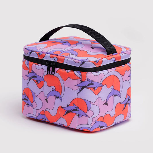 Lunch bag with dolphin pattern on a light gray background