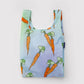 Reusable shopping bag with carrot pattern on a light blue background