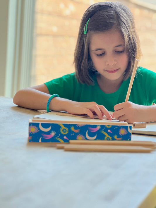 Wooden Pencil Box + Colored Pencils