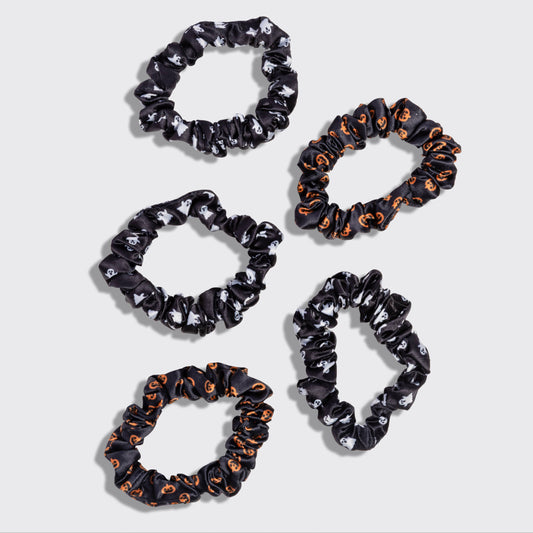 Ruched Satin Scrunchies 5pc Set - Ghosts & Pumpkins