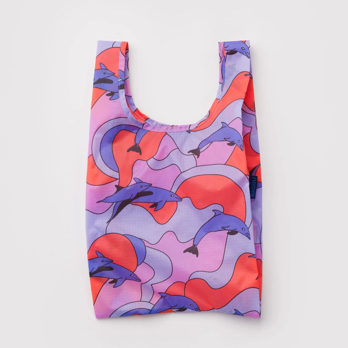 Reusable bag with dolphin pattern on a light gray background