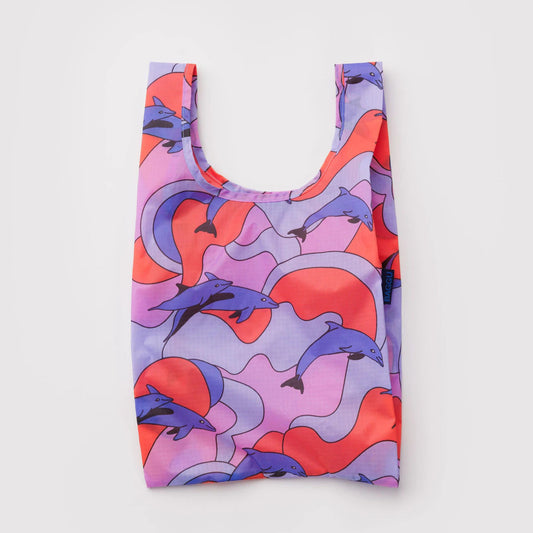 Reusable bag with dolphin pattern on a light gray background
