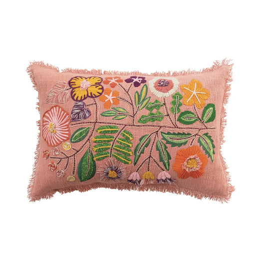 Embroidered Flowers & Eyelash Fringe Pillow