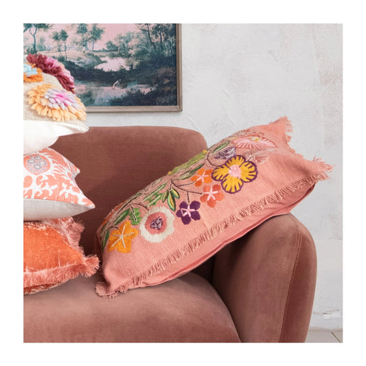 Embroidered Flowers & Eyelash Fringe Pillow