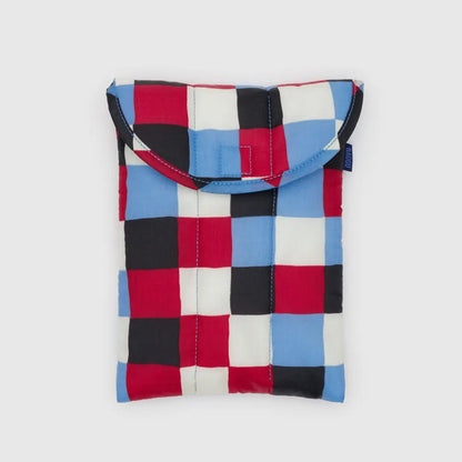 Colorful checkered pouch on a light gray background