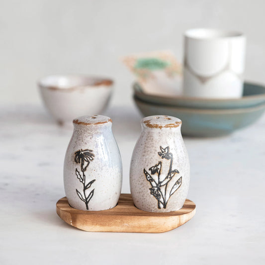 Stoneware Salt & Pepper Shakers with Tray