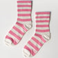 Pair of pink and white striped socks on a light gray background