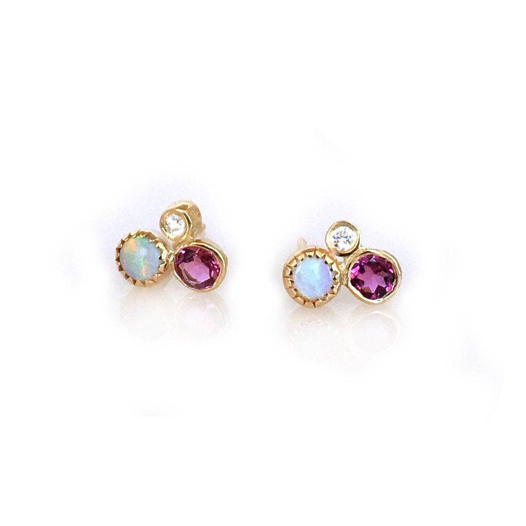 Opal, Diamond and Pink Tourmaline Solid Gold Studs