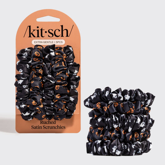 Ruched Satin Scrunchies 5pc Set - Ghosts & Pumpkins