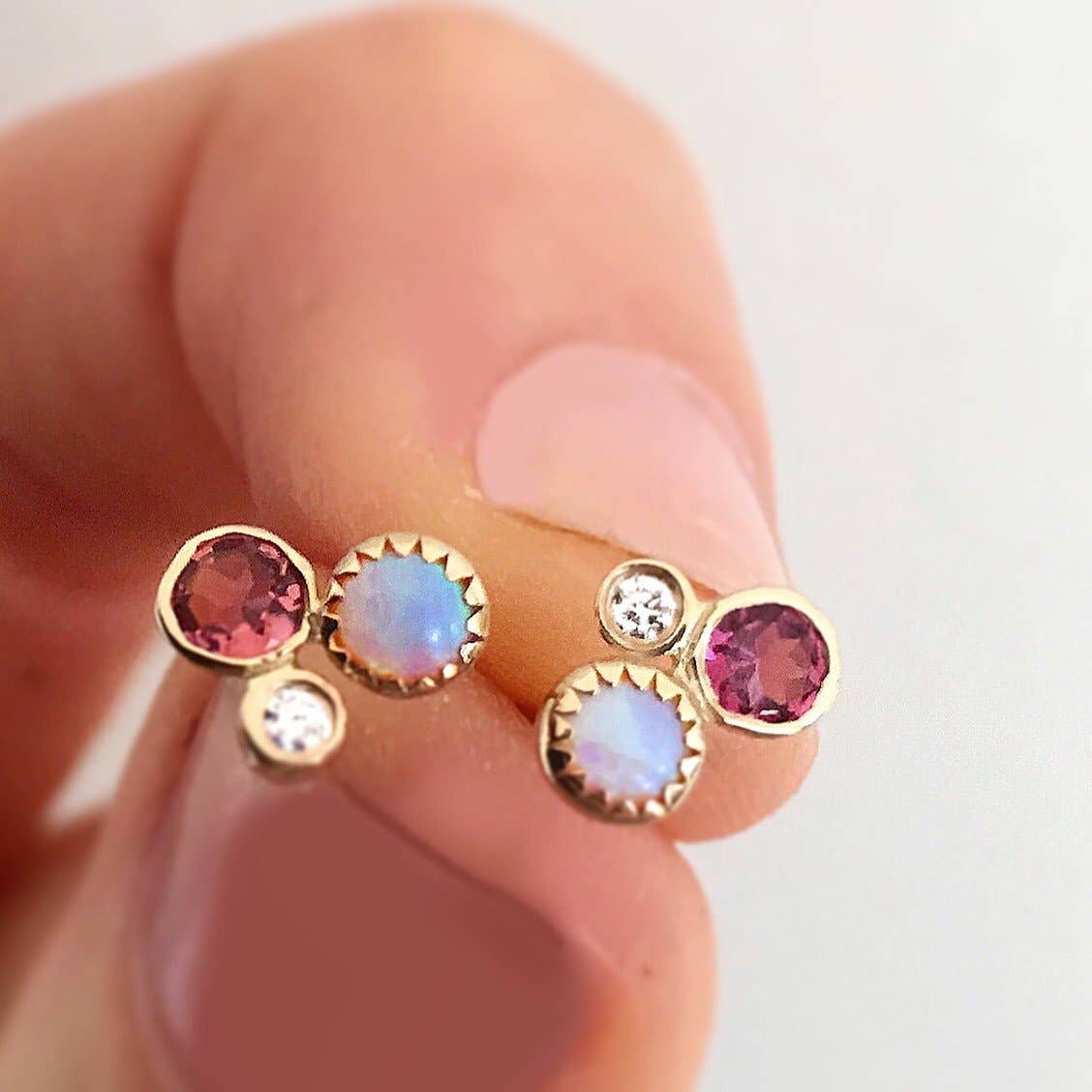 Opal, Diamond and Pink Tourmaline Solid Gold Studs