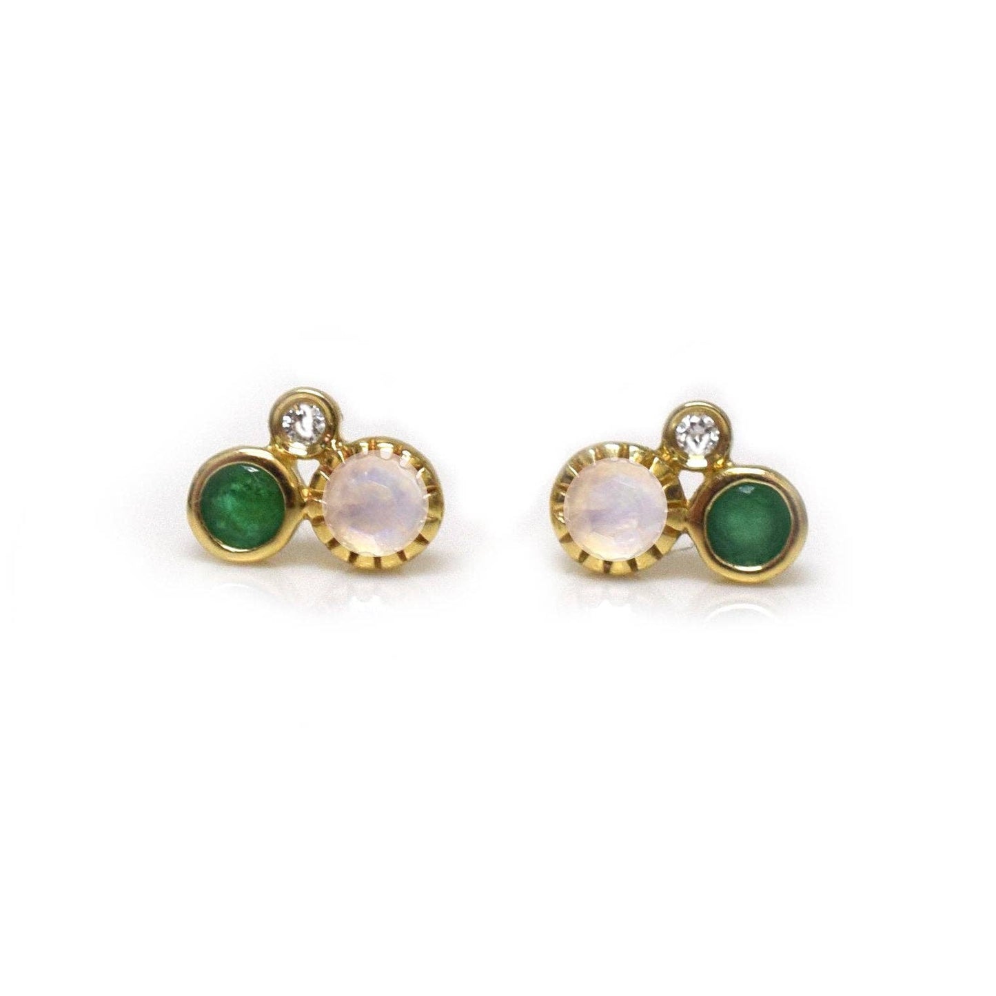 Emerald, Rainbow Moonstone & Diamond Solid Gold Studs