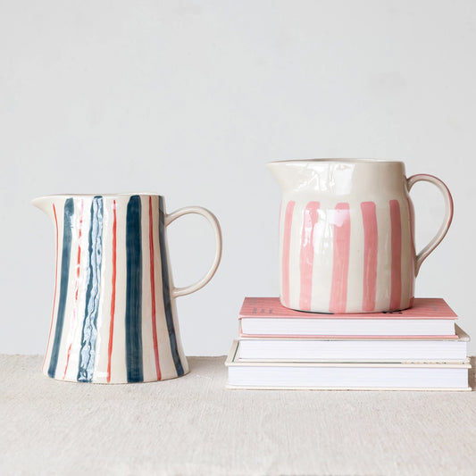 Hand Painted Striped Stoneware Pitcher