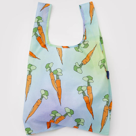 Reusable shopping bag with carrot pattern on a light blue background