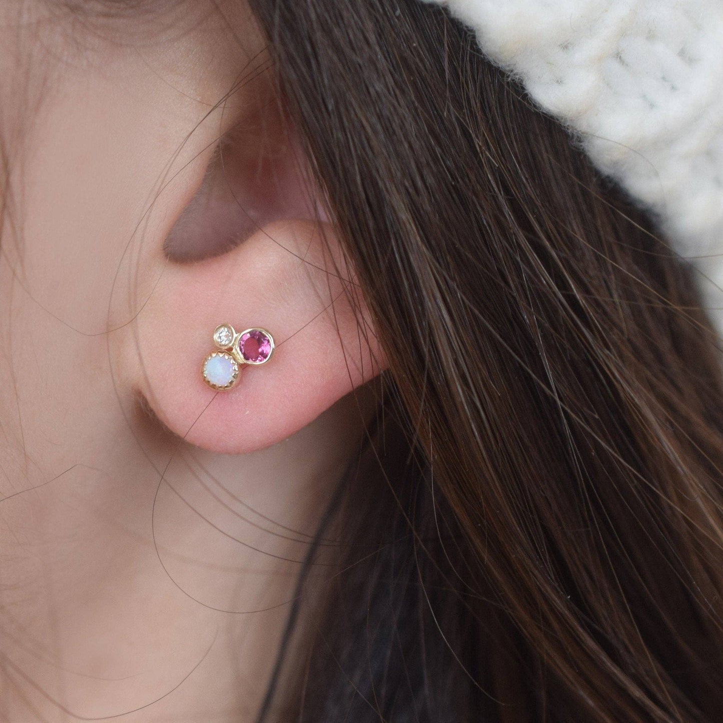 Opal, Diamond and Pink Tourmaline Solid Gold Studs