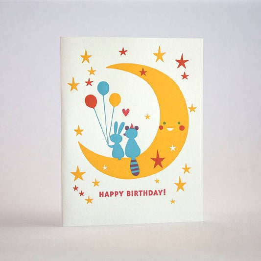 Moon Bunny Raccoon Birthday Card